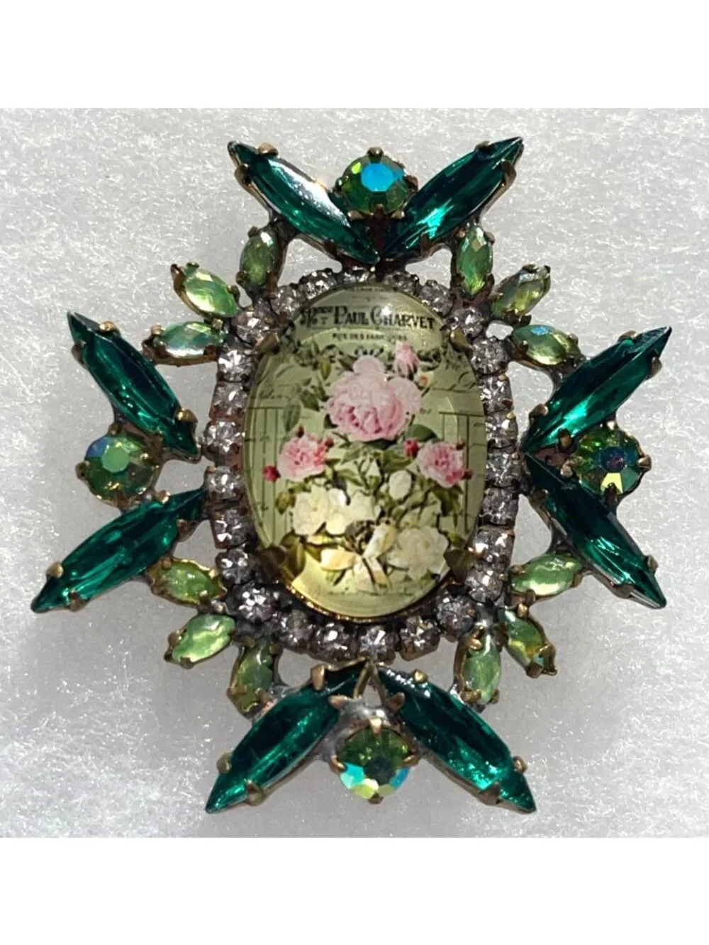Vintage Czech Paul Charvet Floral Glass Brooch With Emerald Green Rhinestones Pi